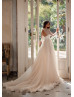 Long Sleeves Ivory Glitter Lace Organza Slit Wedding Dress